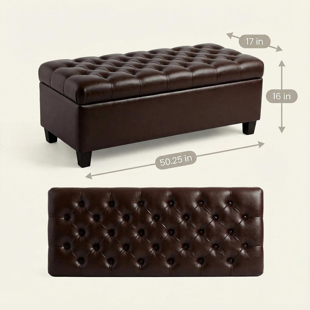 Leather Storage Bench for Living Room, End of Bed Bench with Storage, Large Upholstered Ottoman Benches Entryway Bench with Button-Tufted Shoe Cabinet Ottoman for Dining Room, Hallway, Brown