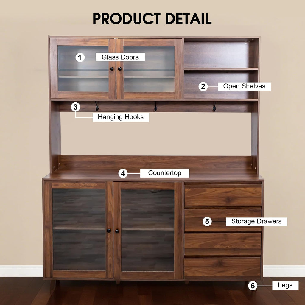63" Large Kitchen Hutch Cabinet with 4 Doors, 4 Drawers and Microwave Shelf, Farmhouse Pantry Storage Cupboard with Countertop for Kitchen and Dining Room(Walnut Brown)