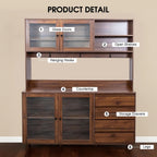 63" Large Kitchen Hutch Cabinet with 4 Doors, 4 Drawers and Microwave Shelf, Farmhouse Pantry Storage Cupboard with Countertop for Kitchen and Dining Room(Walnut Brown)