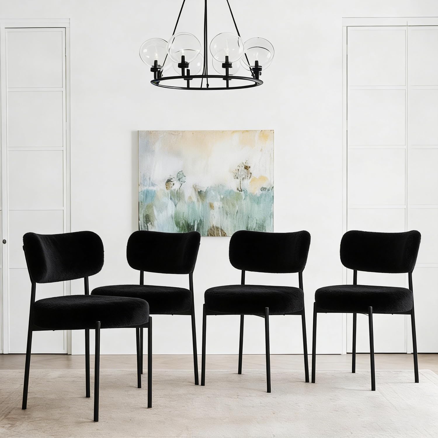 Black Boucle Dining Chairs Set of 6, Upholstered Dinner Chair with Metal Frame, Dining Room Chairs with Padded Seat, Round Modern Seating for Living Room