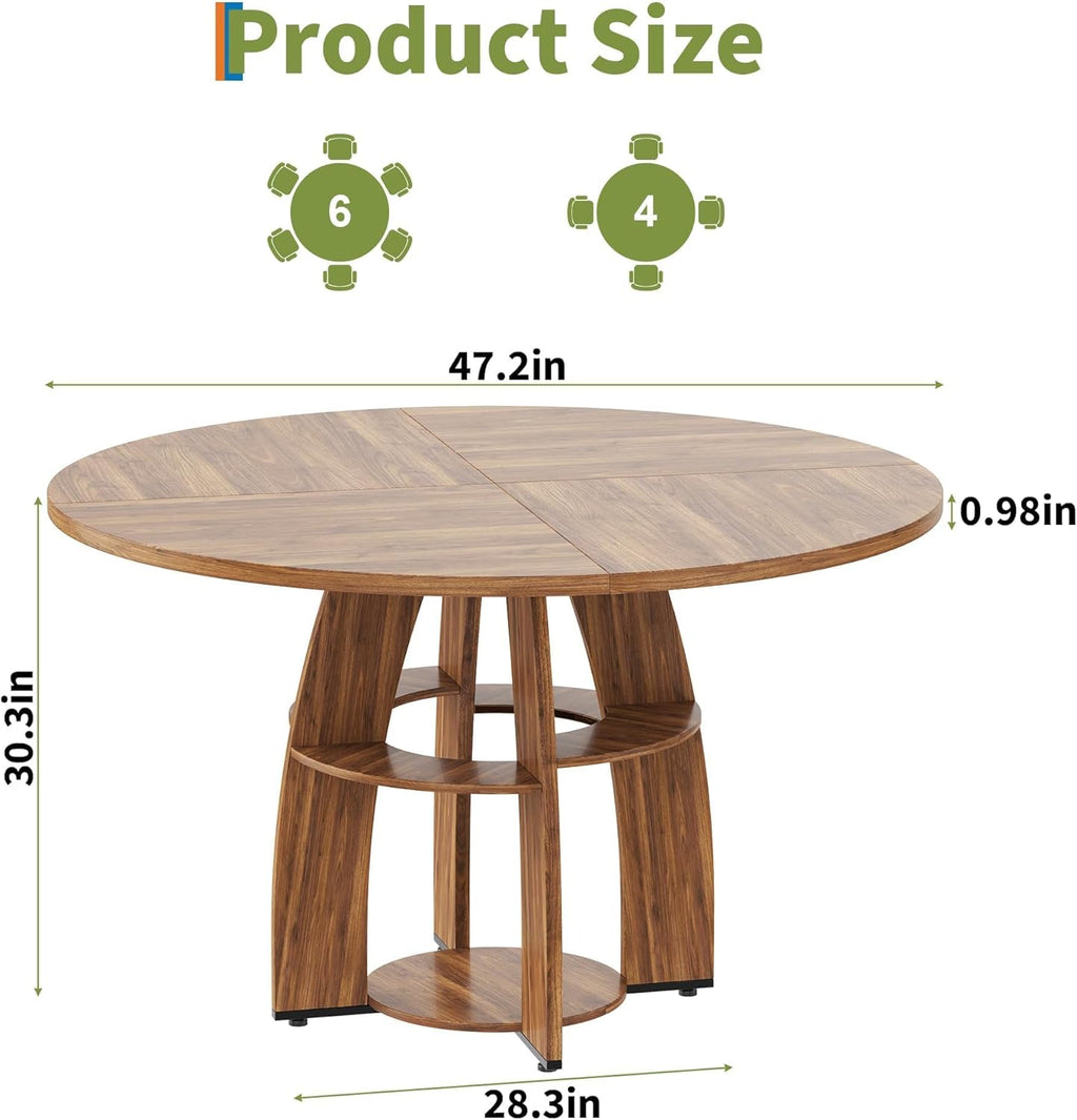 Jojoka 47 Inch Round Dining Table for 4-6 People, Wooden Kitchen Table with Sturdy Pedestal Base, Small Dining Table, Round Table for Dining Room & Living Room, Easy Assembly – Walnut Brown