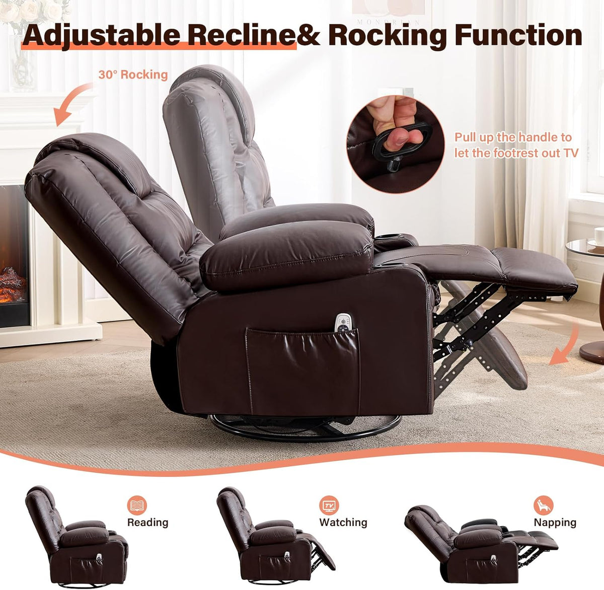 MAHOMICO Swivel Rocker Recliner Chair with Vibration Massage and Heat for Living Room,with Rocking Function and Side Pocket, PU Leather USB Charge Port,2 Cup Holders