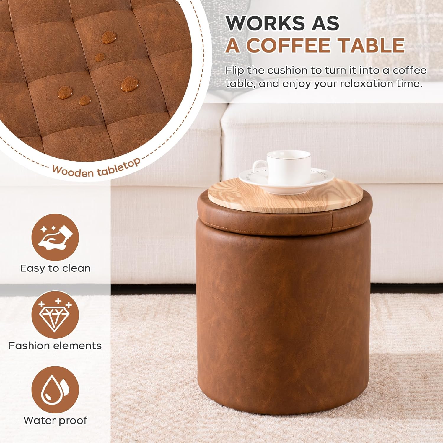 Round Ottoman with Storage Set of 2, 12.6"W x 14.17"H & 14.76"W x 17.32"H Faux Leather Button Tufted Storage Ottoman, Boucle Vanity Stool Footrest Coffee Table for Living Room, Bedroom, Brown