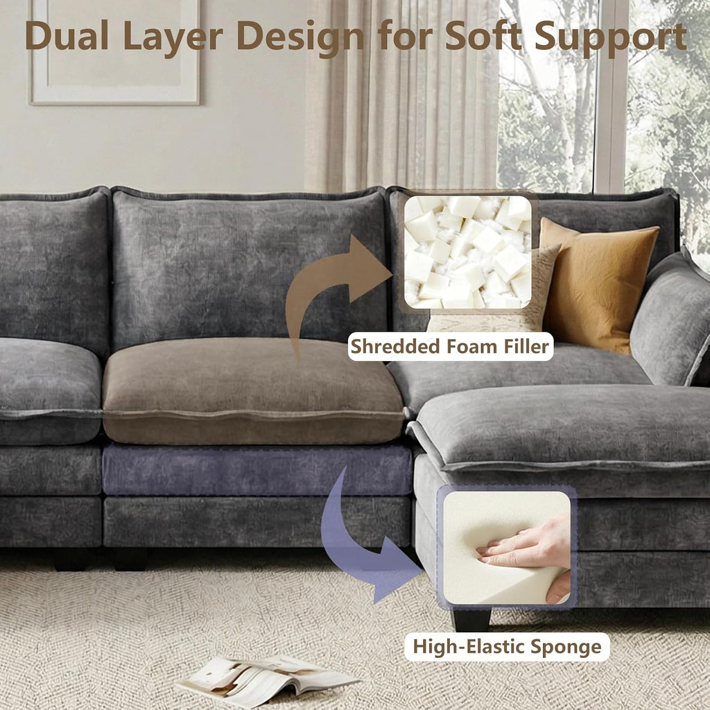 Modular Sectional Couch for Living Room, U Shaped Comfy Sofa | Comfortable Foam Cushions, Sturdy Frame, Appealing Look, Easy Assembly, Soft Chenille Fabric, Movable Ottoman, Dark Gray