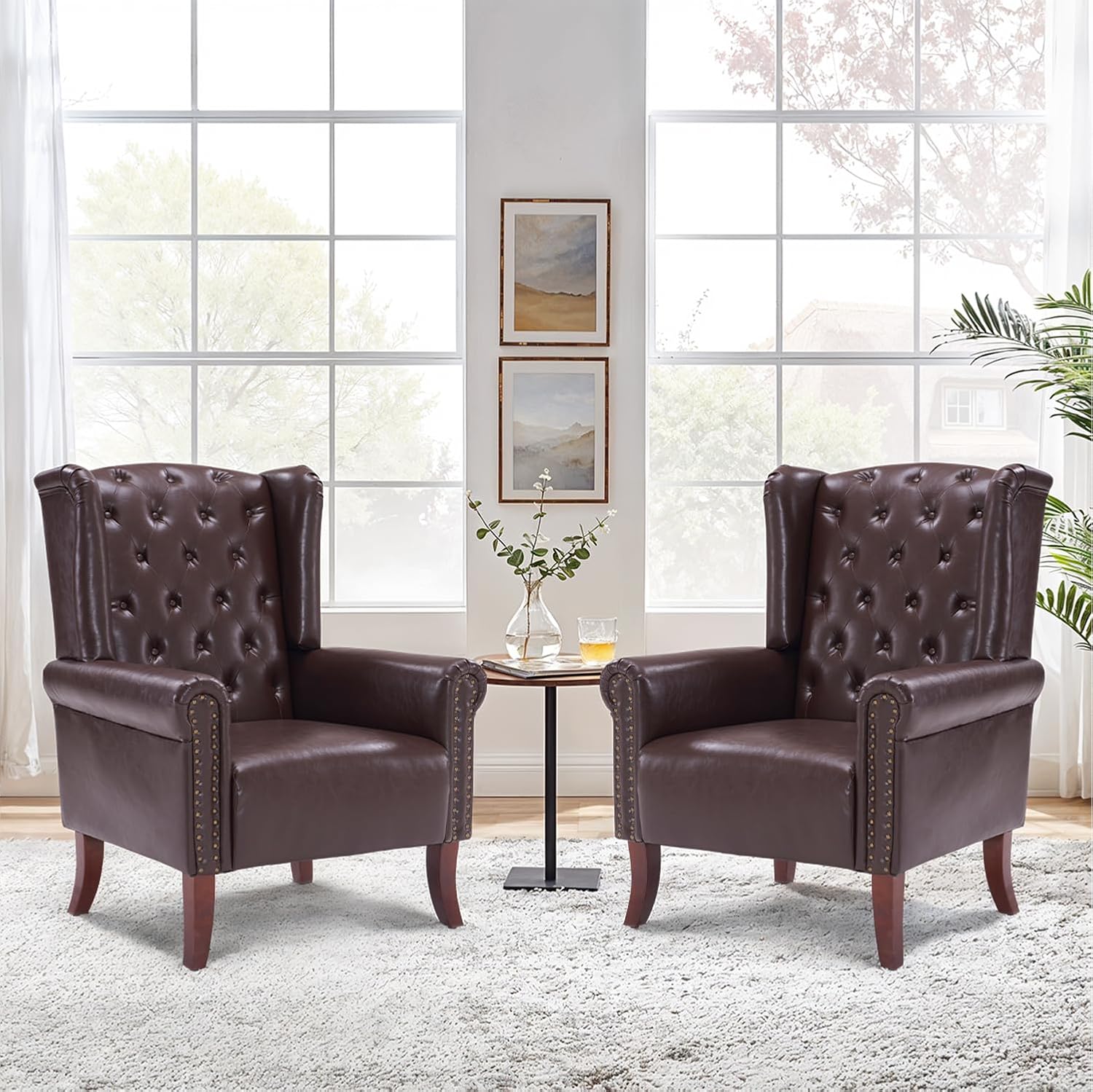 Modern Accent Chair Set of 2, Mid-Century Faux Leather Armchair Upholstered Club Sofa Chair with Wooden Legs, High Back Living Room Chair for Bedroom, Office, Lounge (Caramel)
