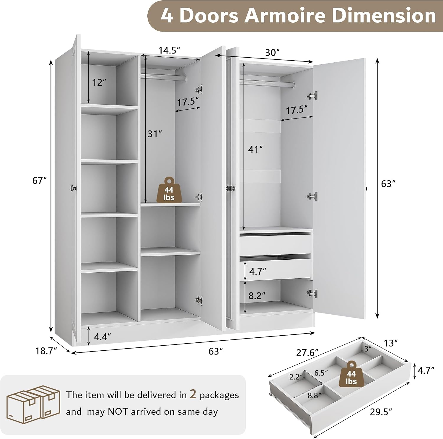 iPormis 4 Doors Armoire Wardrobe Closet with 2 Drawers, 63" Large Wardrobe Cabinet with Removable Hanging Rods and Adjustable Shelves, Closet Storage Cabinet for Bedroom, Cloak Room, White