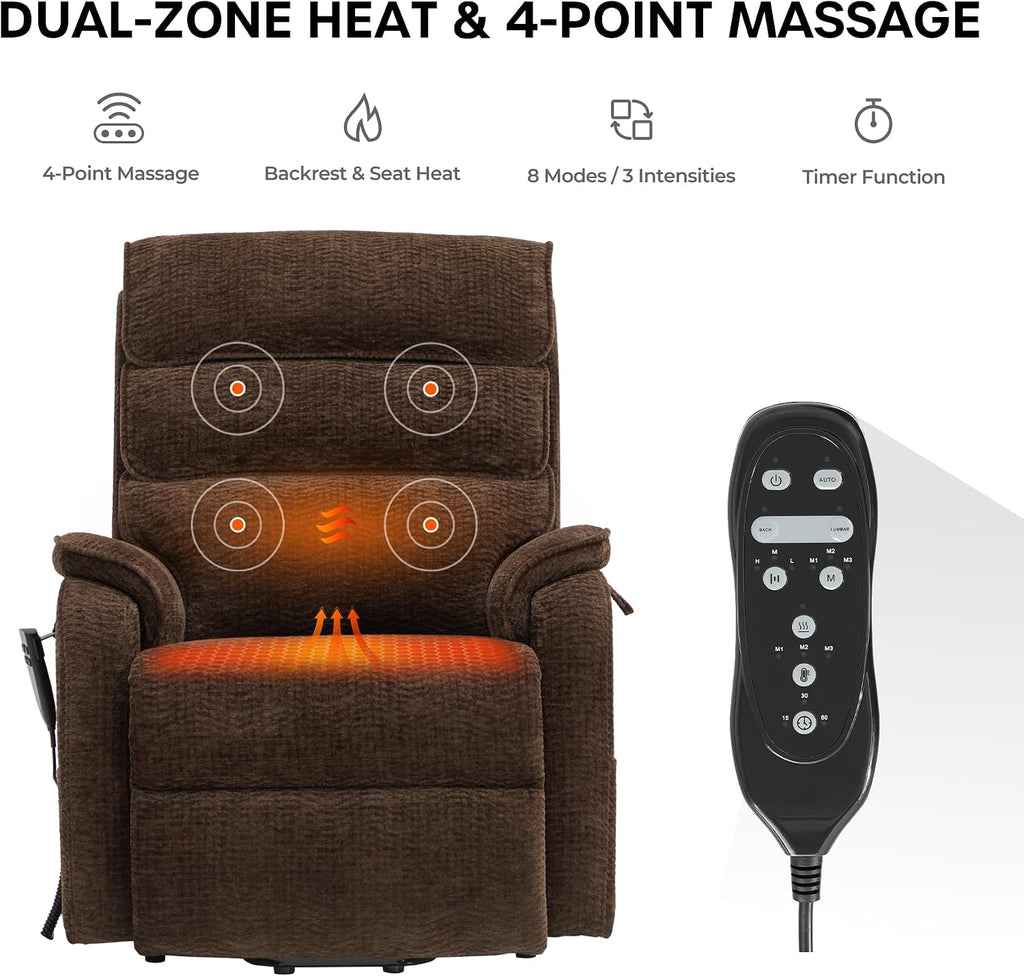 DYNOX Power Lift Recliner Chair for Elderly, Dual Motor Lay Flat Lift Chair with Heat & Massage, 350 LBS Capacity(9188,Chenille,Brown)