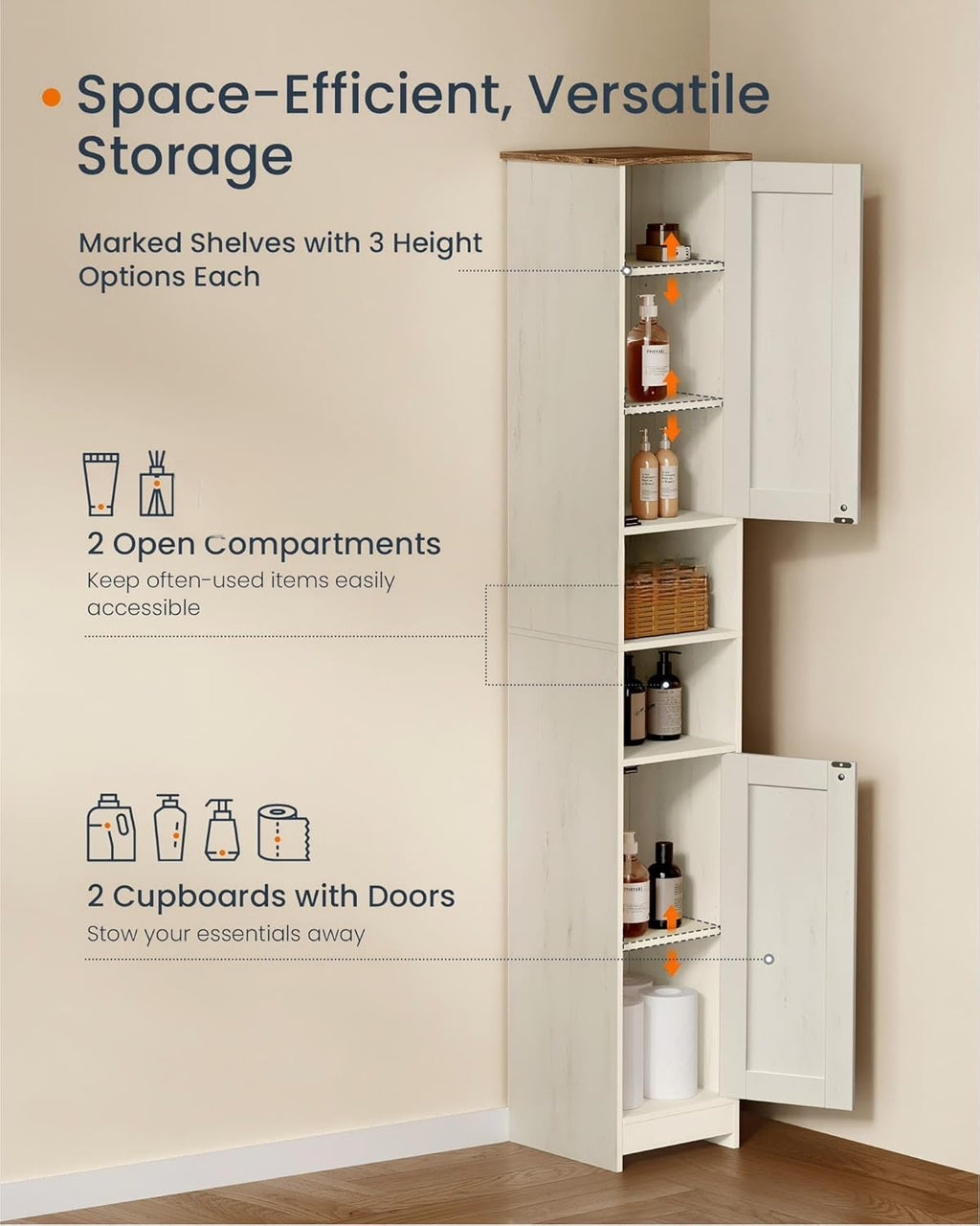 SONGMICS HOME 67-Inch Tall Bathroom Storage Cabinet, Superfast Toolless Assembly, 11.8-Inch Wide Slim Narrow Freestanding Cabinet with Adjustable Shelves, Kitchen Living Room, Rustic White