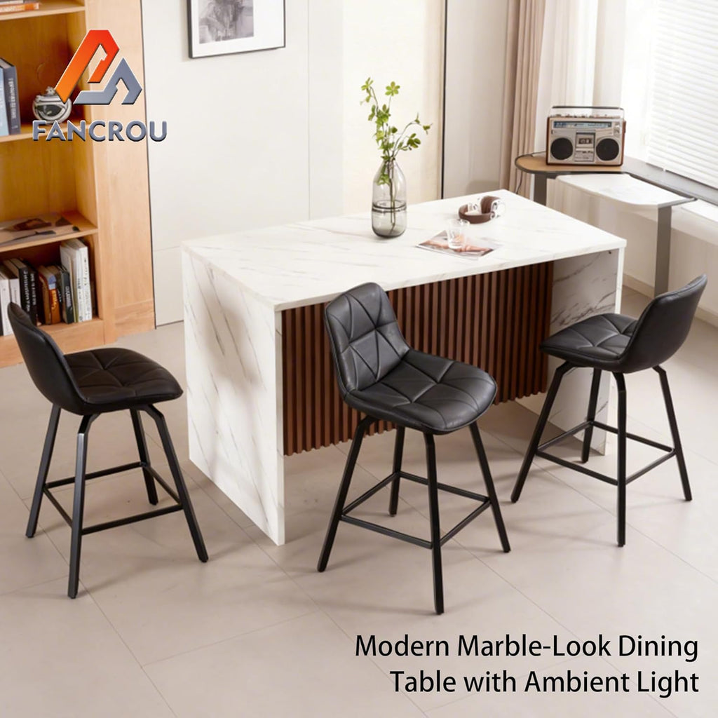59 Inch Large Imitation Marble Dining Table for 4-6 People, Mordern Marble Stripes Kitchen Dining Table with Grille Design, Island Table with LED Lights for Kitchen Living Room, White