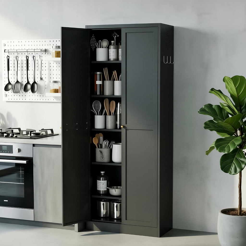 Kitchen Pantry Cabinet, 72" Tall Black Metal Storage Cabinet, Kitchen Storage with 2 Doors and 5 Adjustable Shelves, Freestanding Cupboard for Living, Dining Room and Bathroom,Assemble Required