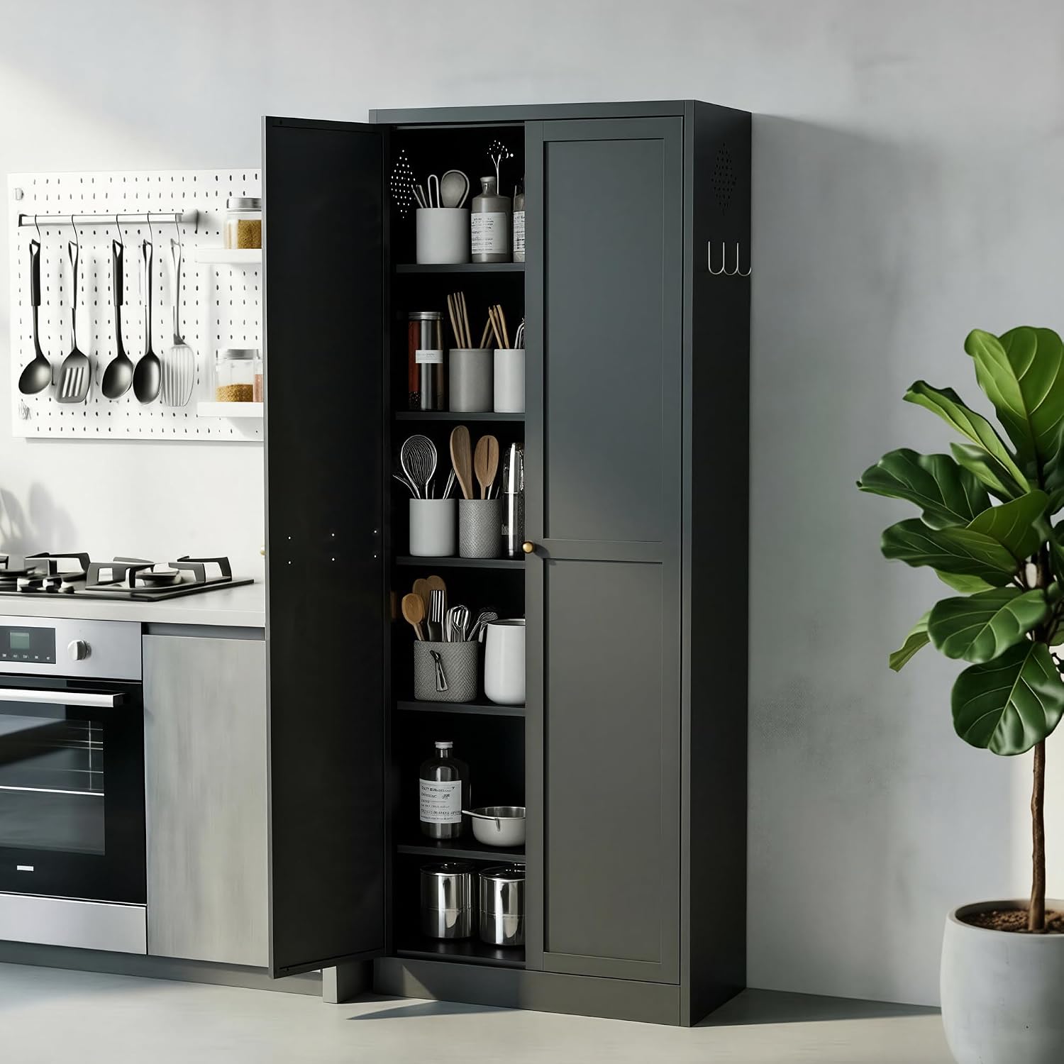 Kitchen Pantry Cabinet, 72" Tall Black Metal Storage Cabinet, Kitchen Storage with 2 Doors and 5 Adjustable Shelves, Freestanding Cupboard for Living, Dining Room and Bathroom,Assemble Required
