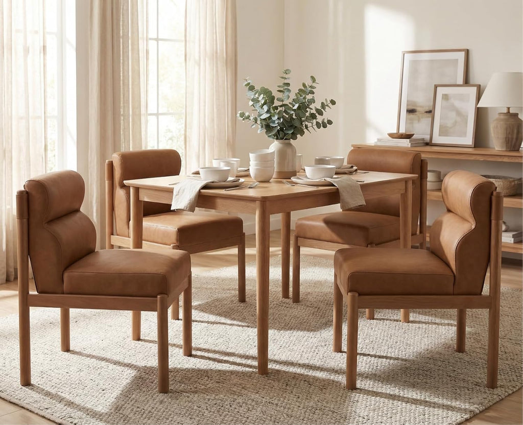 CIMOTA Modern Upholstered Dining Chairs Set of 4, Faux Leather Kitchen & Dining Room Chairs Boucle Armless Side Chairs with Curved Backrest/Solid Wood Legs, PU Brown