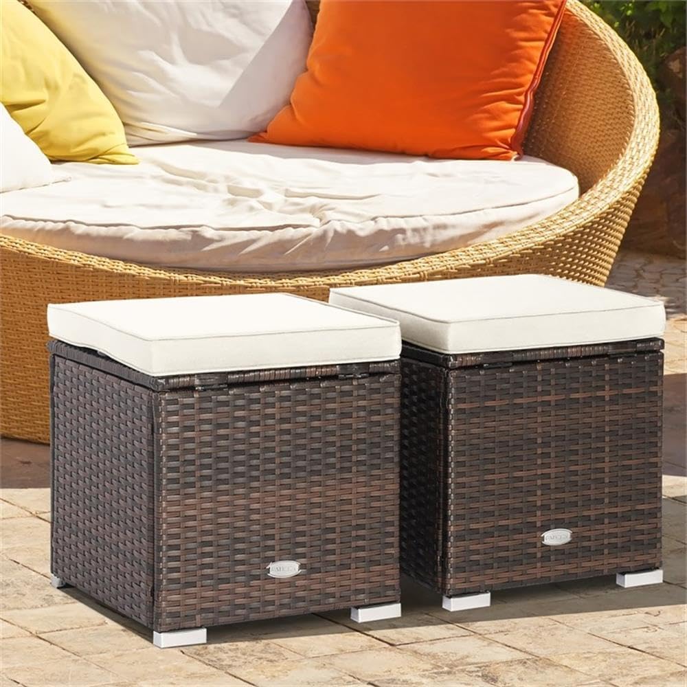 Pemberly Row 2PCS Patio Rattan Ottoman Seat with Storage, Off White, Durable Outdoor Furniture, Multipurpose Design for Patio Seating and Storage Solutions