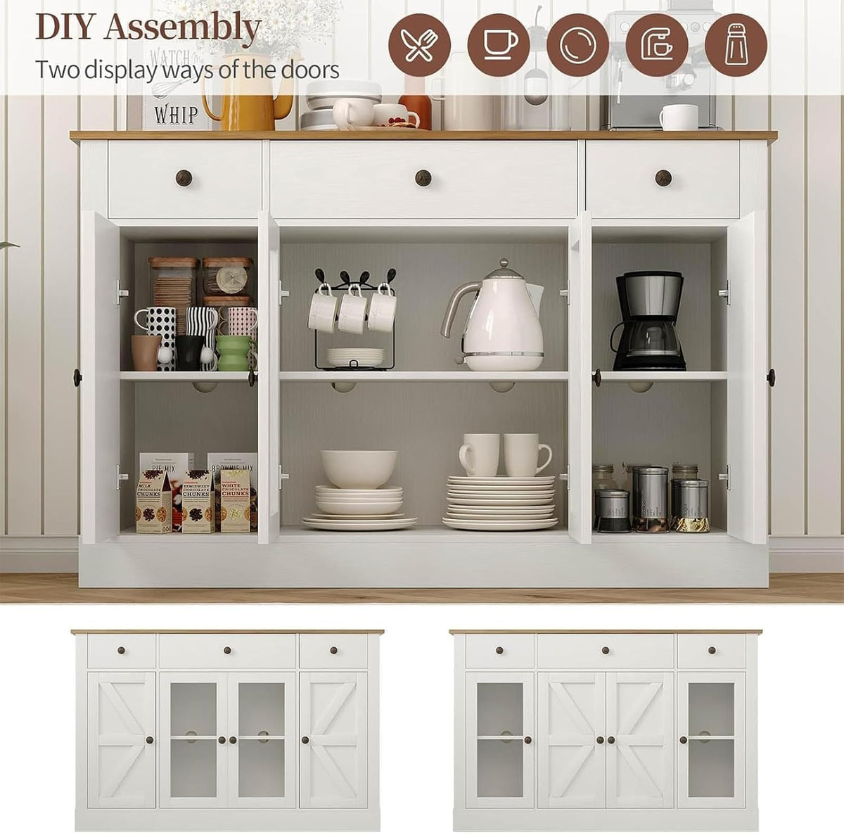 4 EVER WINNER 55" Large Buffet Cabinet with Storage, Coffee Bar Cabinet with 4 Doors and 3 Drawers, Kitchen Cabinet with Plexiglass Doors for Living Room, White