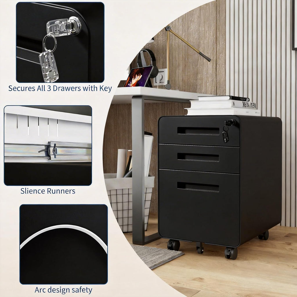3 Drawer File Cabinet with Lock, Mobile Metal Filing Cabinet for Letter/Legal/A4 Size, Under Desk Rolling Office Storage Cabinet, Fully Assembled, Black