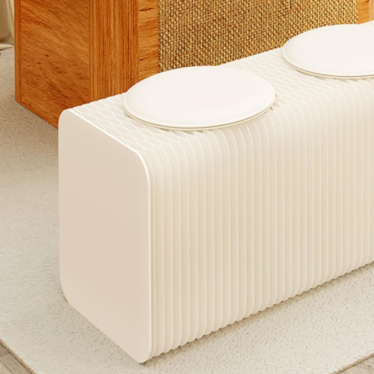 Foldable Paper Stool with 2 PU Cushion, 3.9ft Accordion Paper Stool Folding Craft Bench, One Seat Can Holds 220lbs, Shoe Change Stool for Home, Office, Exhibition, Shopping Mall