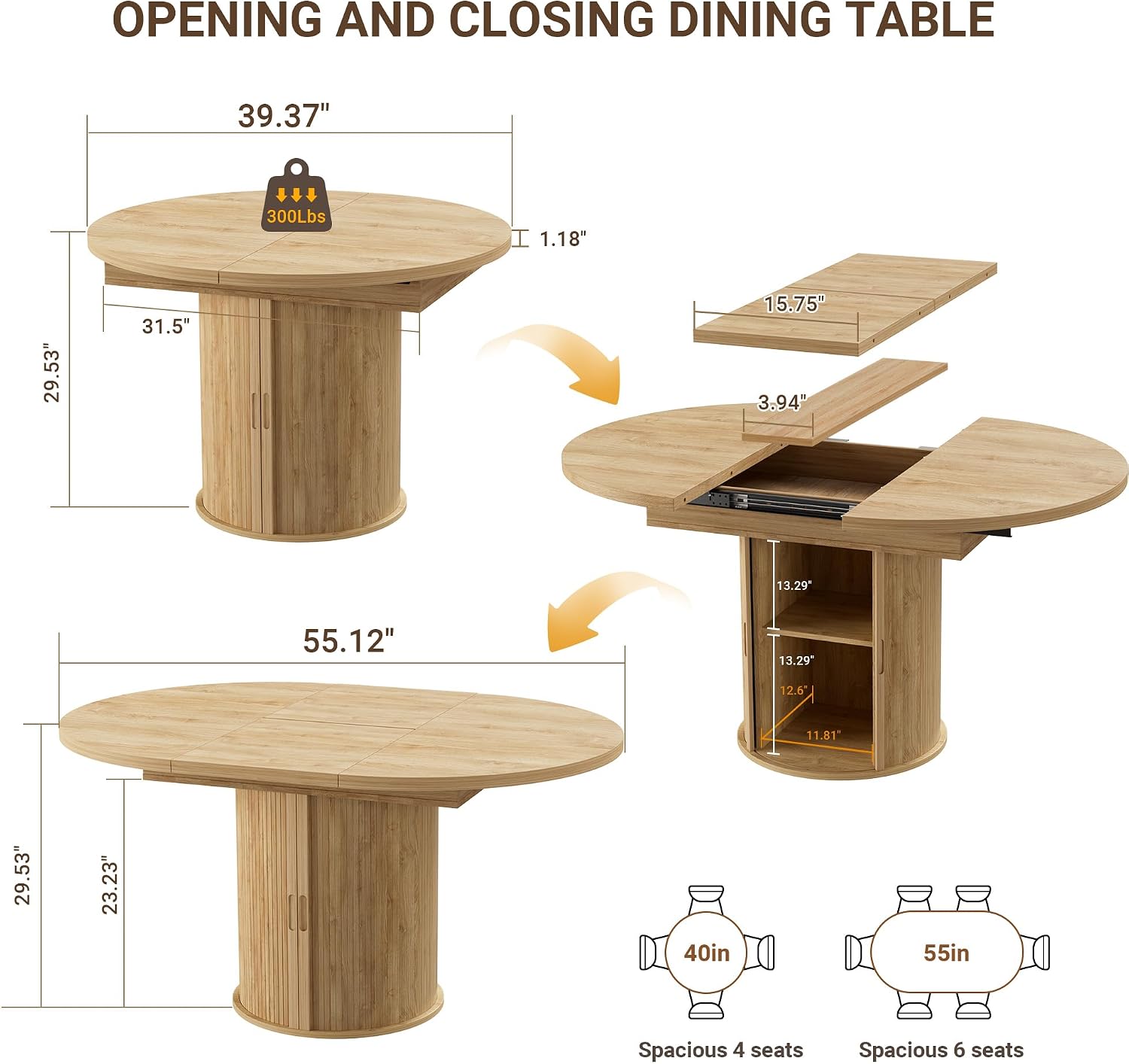 40-55in Extendable Round Table for 4-6, Multi-Use Oval Dining Table with Hidden Storage, Expandable Kitchen Table with Fluted Sliding Door Cabinet for Dining Room,Apartment or Meeting Room