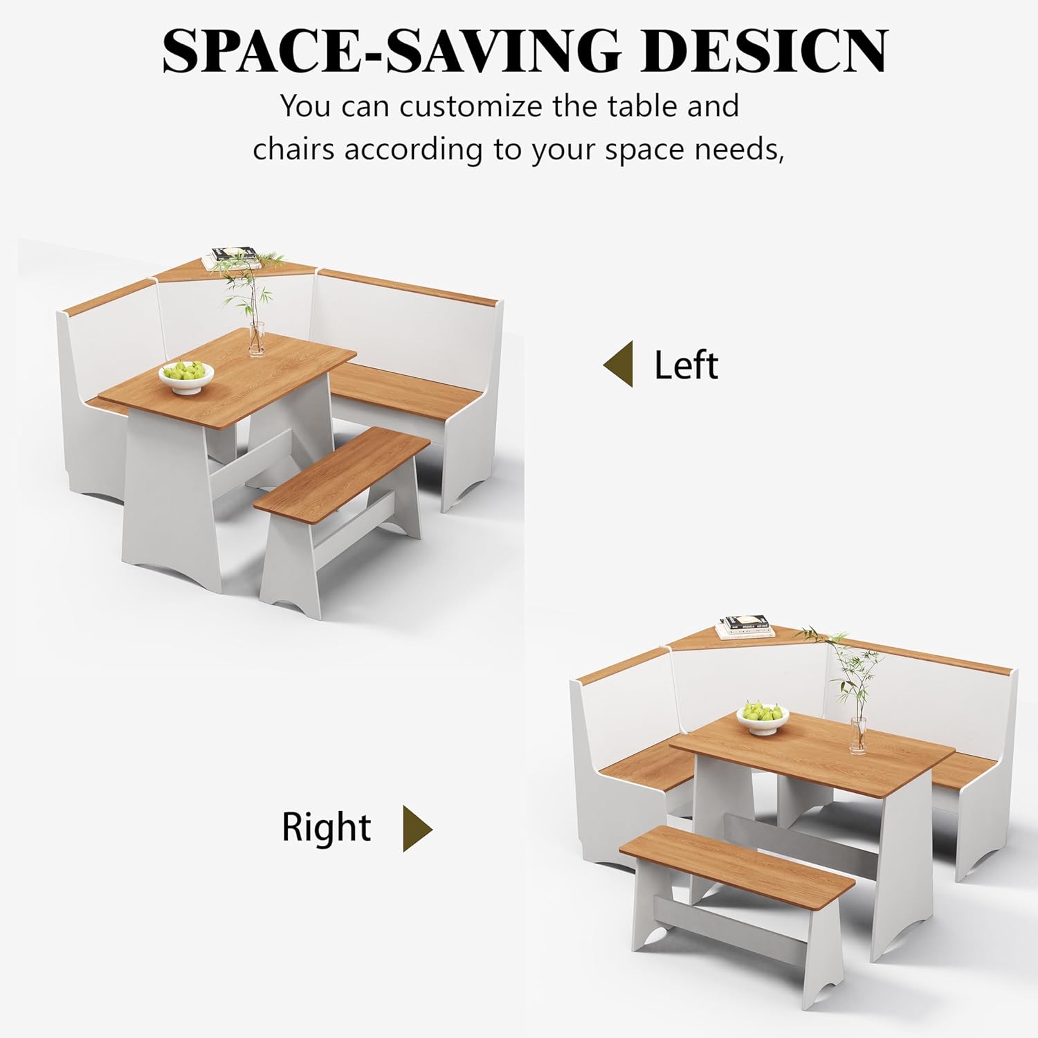 Farmhouse Breakfast Nook Table Set, Dining Nook Set with Corner Bench,with Storage Function Mid Century Modern Small Dining Table Set, Kitchen Table Corner Set (White + Natural)