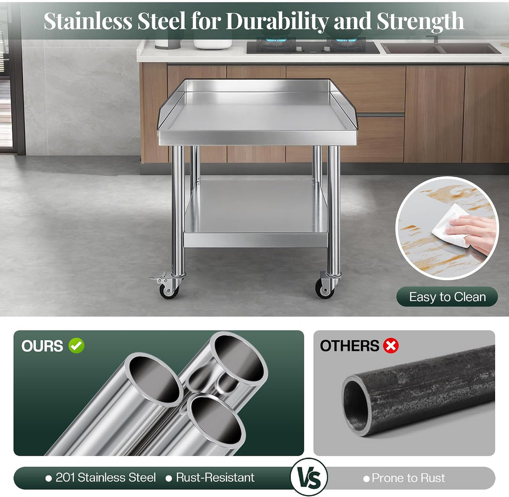 Jocisland 25"x28" Stainless Steel Equipment Stand & Equipment Grill Stand Table, NSF Certified with Adjustable Undershelf, Wheels and Edge Baffle for Commercial Kitchen, Restaurant & Home