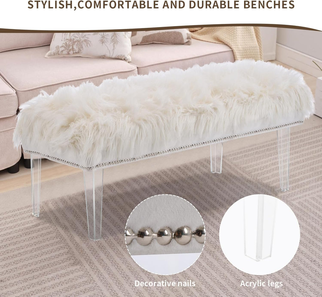 Modern White Faux Fur Ottoman Bench - Upholstered Furry Bench with Acrylic Legs for Bedroom, Living Room, Entryway, Vanity or Bed End