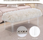 Modern White Faux Fur Ottoman Bench - Upholstered Furry Bench with Acrylic Legs for Bedroom, Living Room, Entryway, Vanity or Bed End