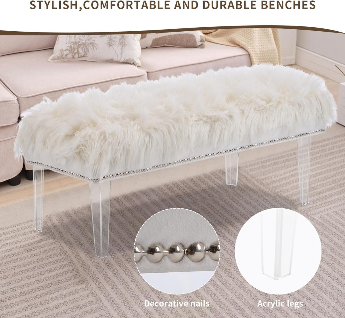 Modern White Faux Fur Ottoman Bench - Upholstered Furry Bench with Acrylic Legs for Bedroom, Living Room, Entryway, Vanity or Bed End