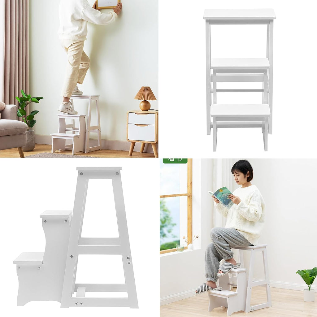 Folding Library Ladder Chair, 3-Step Stool Stepladders Lightweight Portable Multi-Functional Wood Step Ladder for Home,Kitchens, Garages (White)