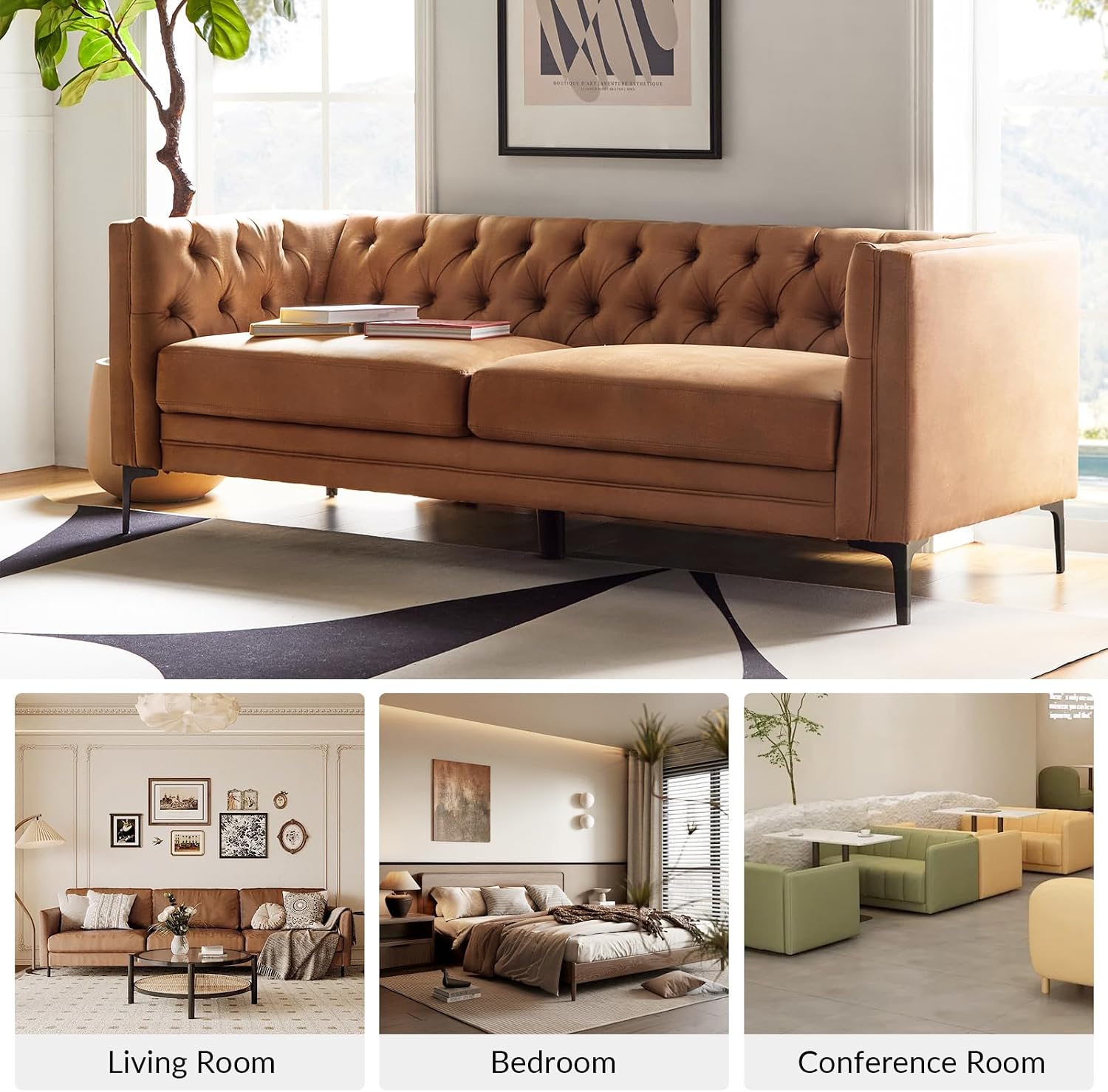 HULALA HOME 84" Faux Leather Sofa, Mid Century Modern 3 Seater Couch, Camel | Button-Tufted Sofa with Metal Legs, Square Armrests, Supportive Cushions, Easy Assembly, for Living Room Bedroom Apartment