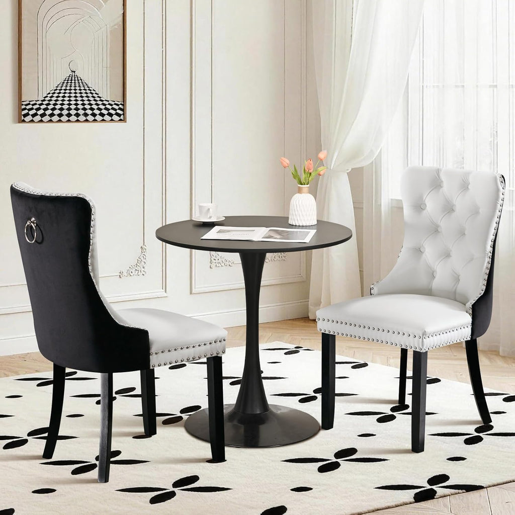 Dining Table and Dining Chair Set 23.6" Black Round Table&2 Leather Upholstered Wooden Legs Chairs for Kitchen Dining Room Small Space 3 Piece Dining Table and Chair Set(Black&White)