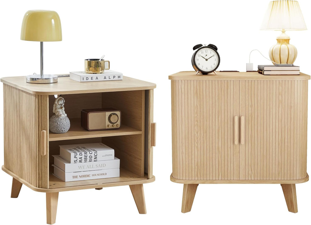 Nightstands Set of 2, 24 Inch Mid-Century Fluted End Table with Charging Station, Farmhouse Wood Side Table with Storage & Sliding Door for Sofa, Couch, Bed (2XSquare, Natural)