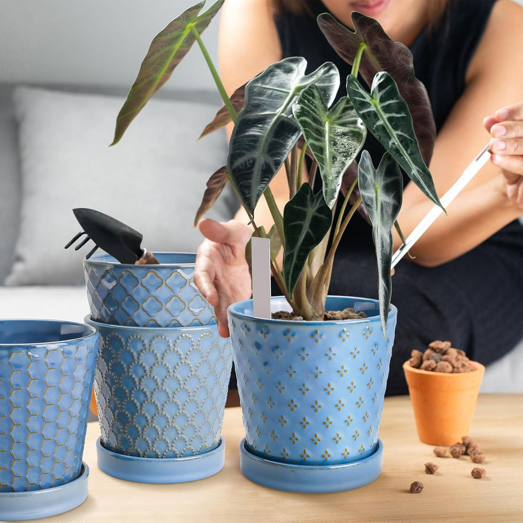 Plant Pots, 5 Inch Pots for Indoor Plants, Planters with Drainage Hole and Saucer, Ceramic Flower Pots Desktop Office Windowsill Decoration Gift Set of 4 - Sky Blue