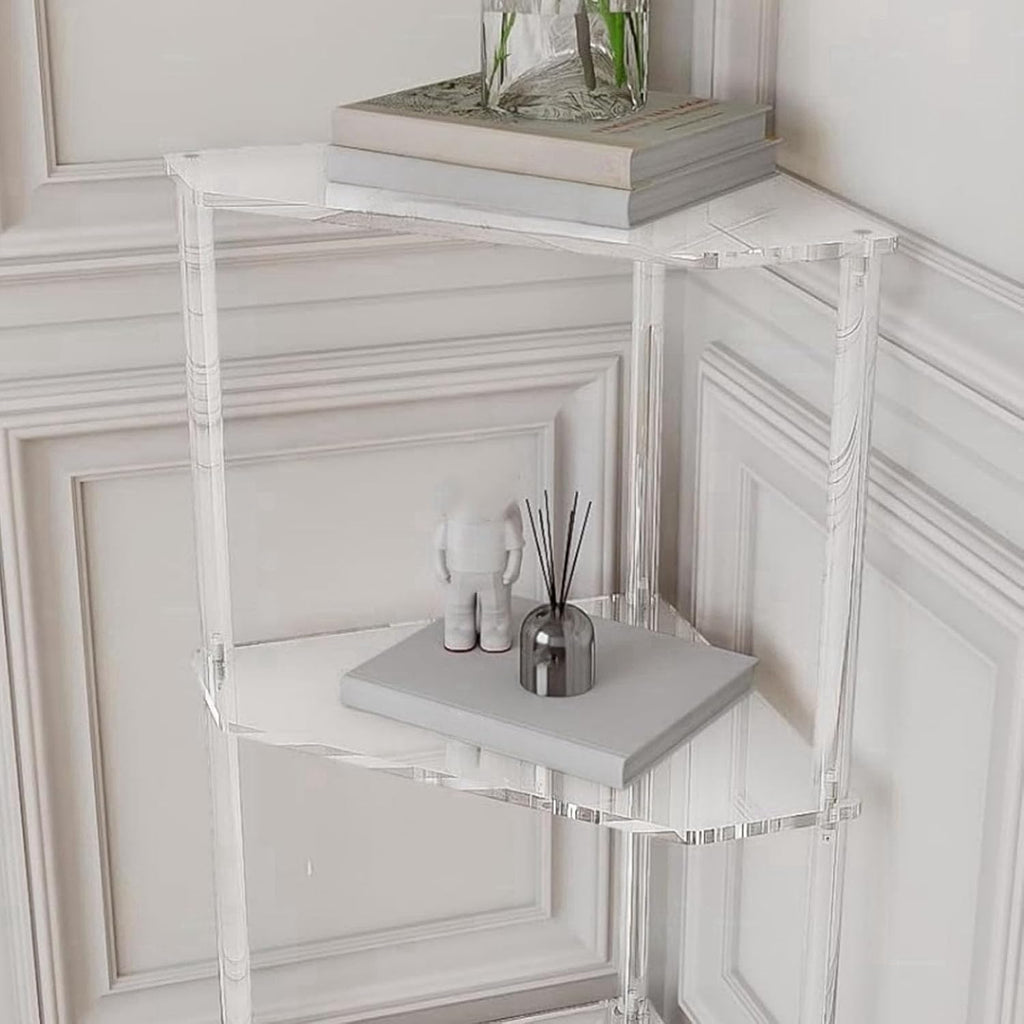 65cm / 25.6in Clear Acrylic Triangle End Table,3 Tier Acrylic Corner Side Table with Tempered Glass Shelfr,for Living Room Bedroom, Corner Display Rack Storage
