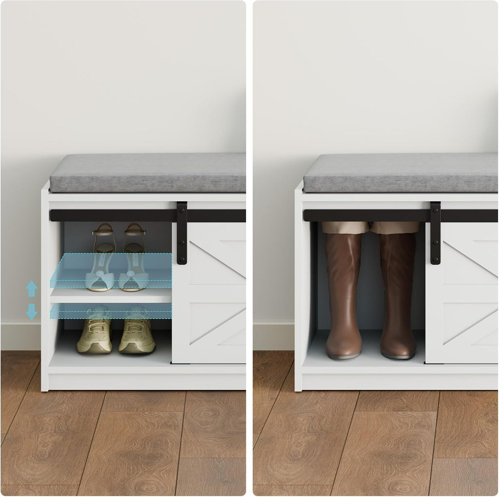 Mondeer Shoe Storage Bench, 2-Tier Farmhouse Entryway Bench with Sliding Barn Door Storage Cabinets & Removable Seat Cushion, for Entryway Hallway Bedroom, 90 x 45 x 35 cm, White