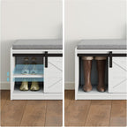 Mondeer Shoe Storage Bench, 2-Tier Farmhouse Entryway Bench with Sliding Barn Door Storage Cabinets & Removable Seat Cushion, for Entryway Hallway Bedroom, 90 x 45 x 35 cm, White