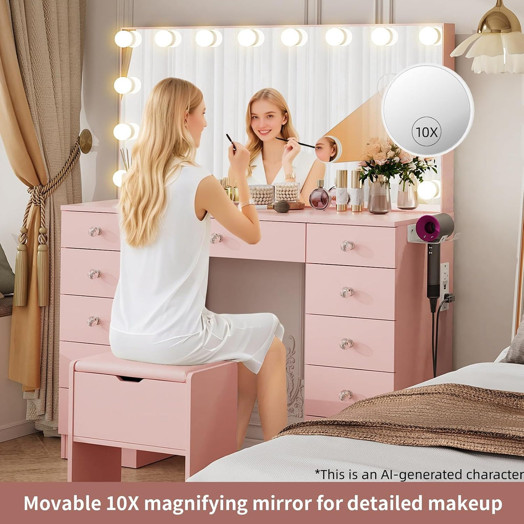 VOWNER Vanity with Lighted Mirror - Makeup Vanity Desk with Lights | Women Vanity with 11 Drawers, 3 Color Lighting Modes Adjustable Brightness, 46" Makeup Desk with Stool for Bedroom, Pink