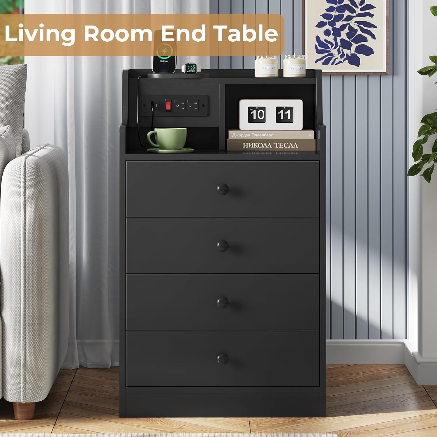 ADORNEVE Black Nightstand Set of 2,Bedside Table with 4 Drawers | Night Stand with Charging Station & Hutch,Large Nightstands Set of 2,Night Stands for Bedrooms,Side Tables Bedroom