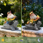 Solar Gnome on Turtle Statue Light, Weatherproof Resin Garden Decor Auto On/Off - Whimsical Night Glow for Fairy Garden & Yard