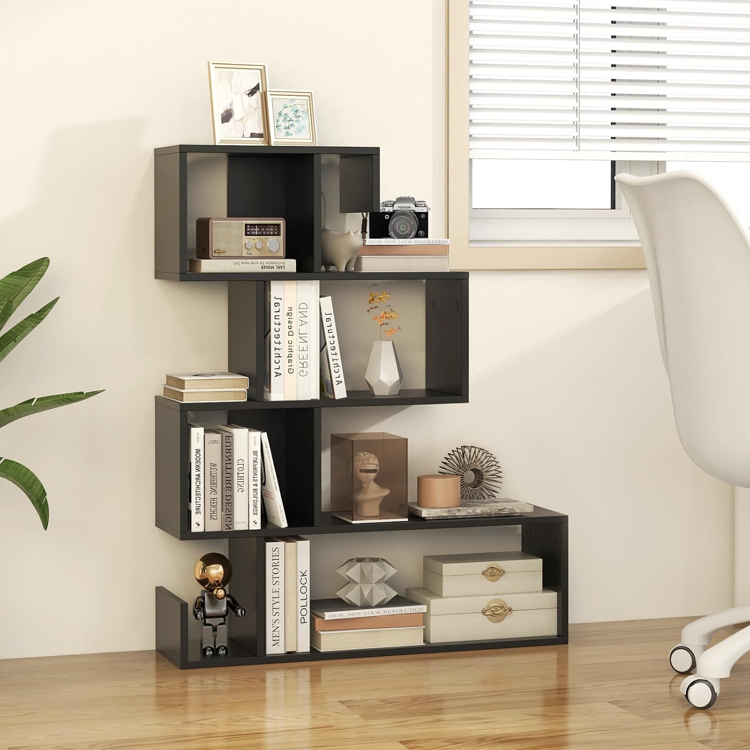 Tangkula S-Shaped Bookshelf, 5-Tier Modern Geometric Stepped Bookcase with Anti-Tipping Kits, Freestanding Corner Ladder Display Rack for Living Room Home Office (1, Black)
