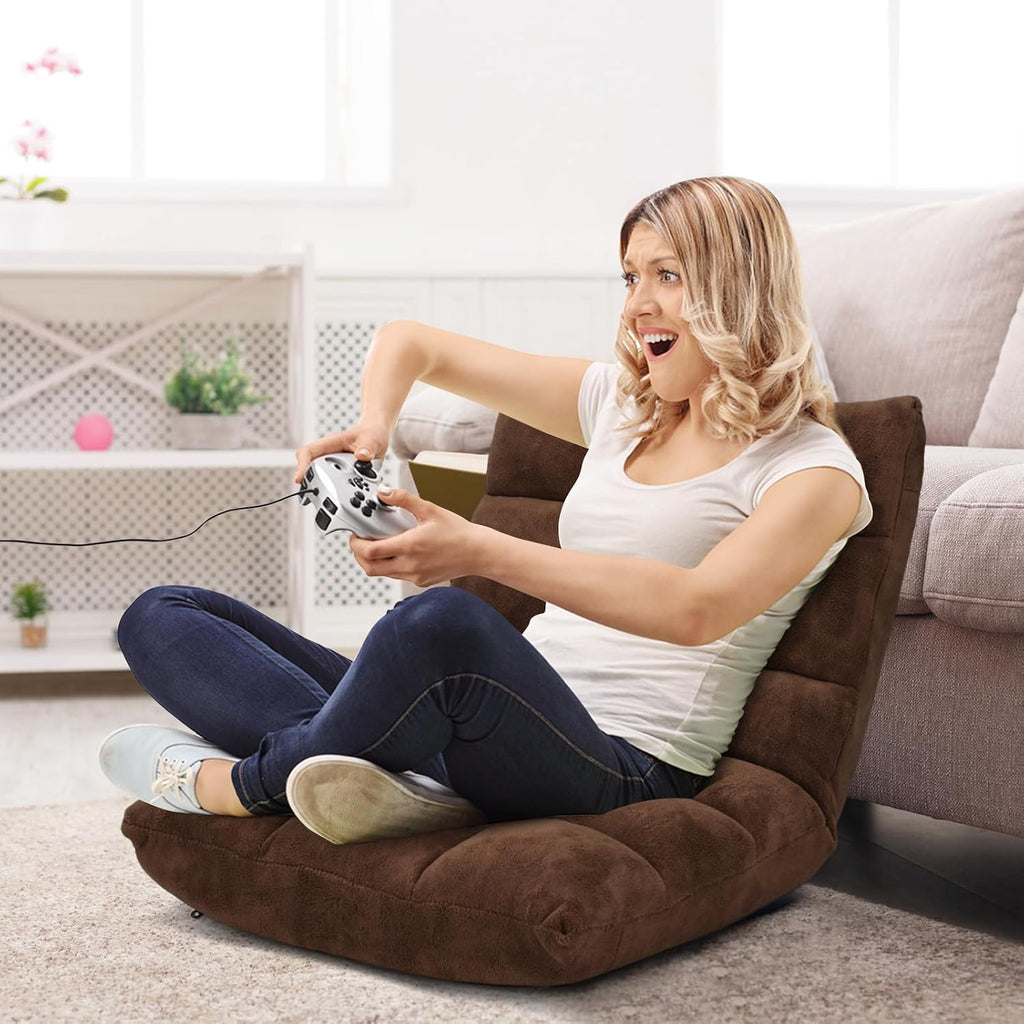 Multigot Folding Floor Chair, 14 Positions Adjustable Lazy Recliner with Back Support, Lazy Lounger Bed for Gaming Reading Resting (Brown)