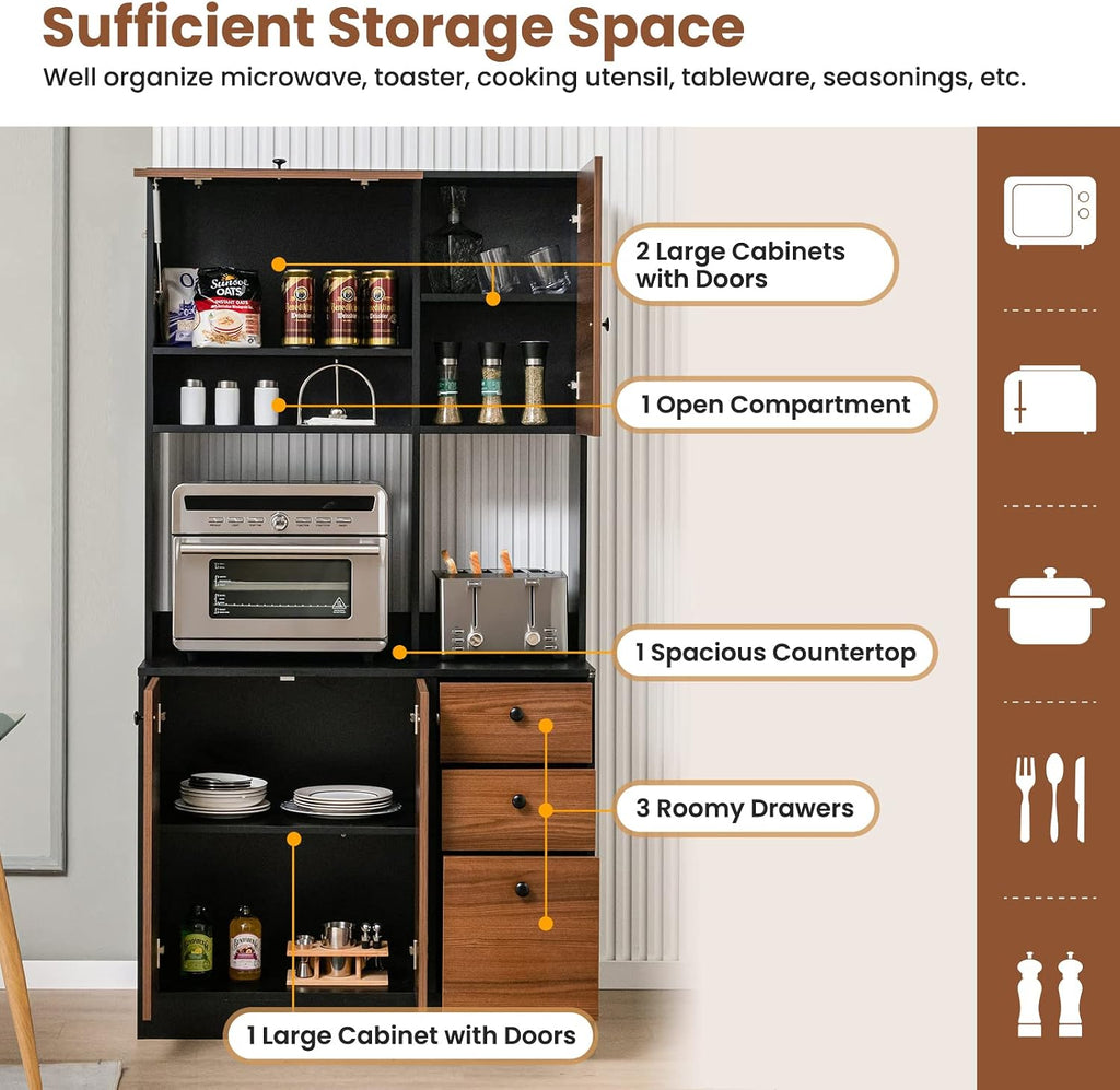 LOKO 71” Tall Kitchen Pantry Storage Cabinet, Freestanding Buffet Hutch with Doors, Adjustable Shelves, 3 Drawers and Microwave Stand, Kitchen Hutch for Dining Room, Living Room (Walnut)