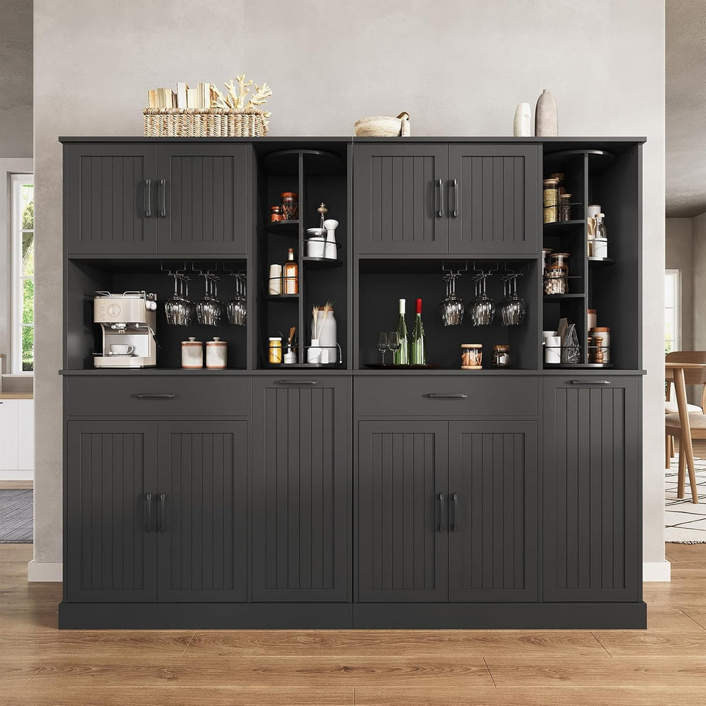Pantry Cabinet, 67.7" Tall Kitchen Pantry Storage Cabinet with 360° Rotating Shelf & 2 Pull-Out Racks, Freestanding Kitchen Hutch with Charging Station & Drawer, for Dining Room, Black