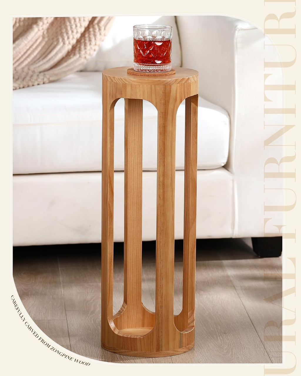 CroBlissful Small End Table 8 x 23 Small Side Table Wooden Round Coffee Drink Desk Burlywood Boho Circle Wood Accent Pedestal Desk for Living Room Plant Stand or Bedroom Nightstand