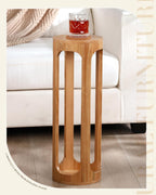 CroBlissful Small End Table 8 x 23 Small Side Table Wooden Round Coffee Drink Desk Burlywood Boho Circle Wood Accent Pedestal Desk for Living Room Plant Stand or Bedroom Nightstand