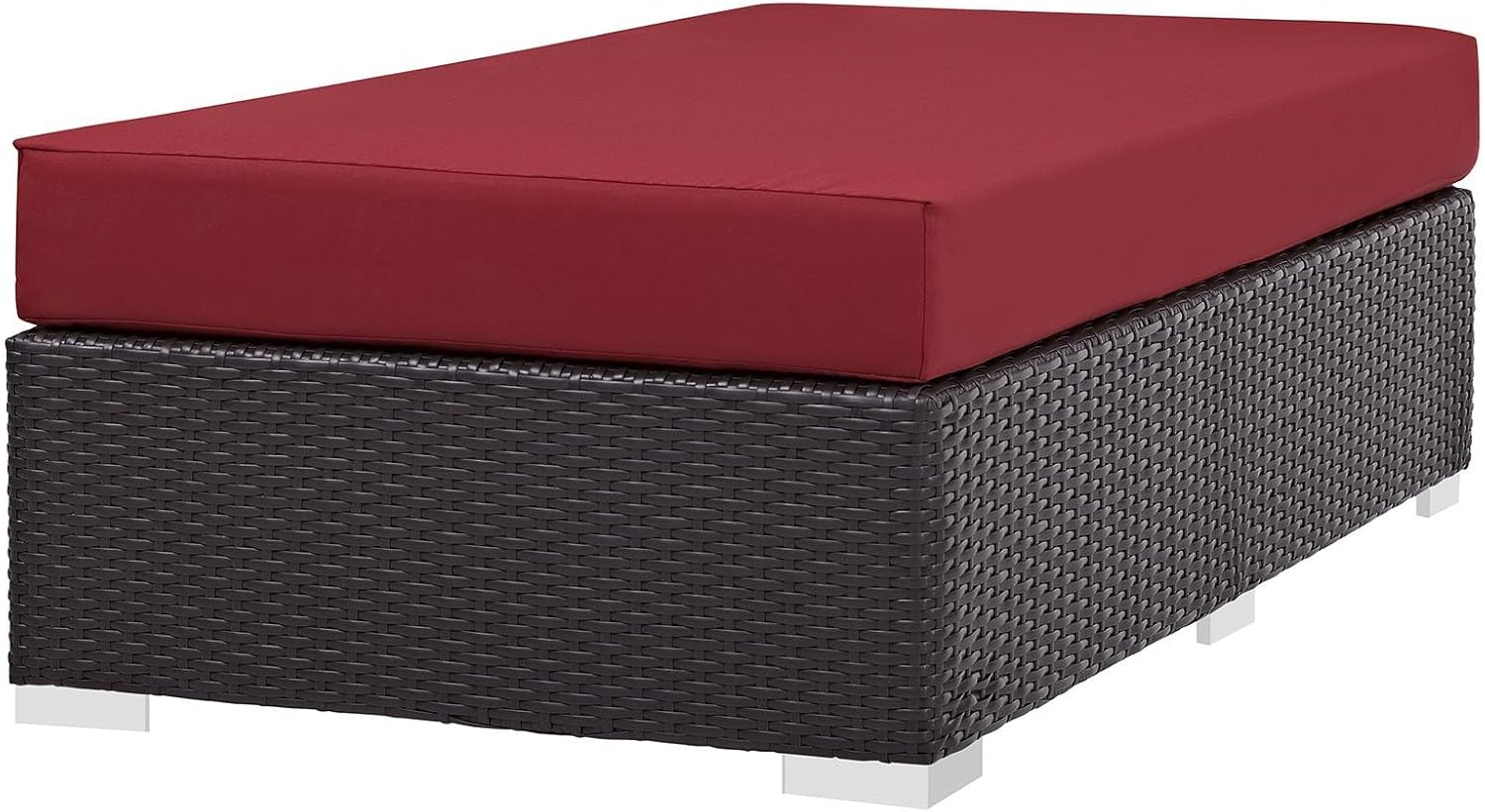 BOWERY HILL Rectangle Fabric Rattan Patio Ottoman, Espresso Finish with Red Cushions, Water and UV Resistant, Adjustable Height, Outdoor Patio Furniture for Backyard or Poolside Use