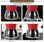 Stovetop Espresso Maker, 3Cup Moka Pot, Espresso Machine Compatible with Induction Cooktops, 150ml Stainless Steel & Aluminum Cuban Coffee Maker for Cafetera Cubana, Red
