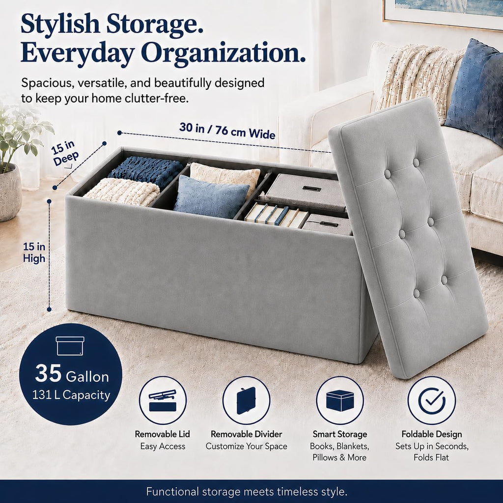 ALASDO 30 Inch Folding Storage Ottoman Bench with Hidden Storage, Velvet Storage Ottoman Foot Rest Stool, End of Bed Bench for Bedroom, Living Room, Entryway and Closet, Dark Gray