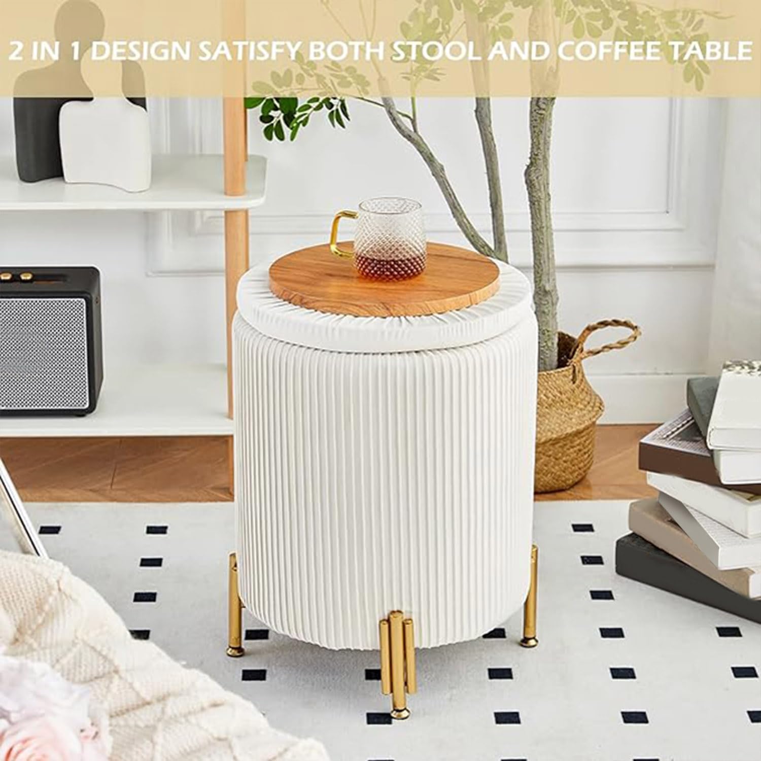 Round Ottoman Foot Stool with Storage and Metal Legs for Living Room Bedroom, Velvet Upholstered Footrest Stool Support 300lbs Modern Padded Seat Ottoman Coffee Table (Cream)