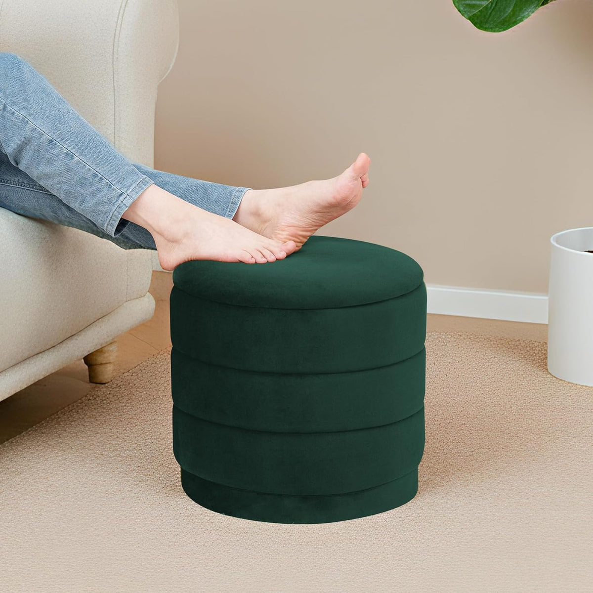 15.4" Round Velvet Storage Ottoman with Reversible Lid, Upholstered Circular Ottoman Footrest with Hidden Storage, Foldable Padded Footstool for Dorm Living Room & Bedroom, Bottle Green