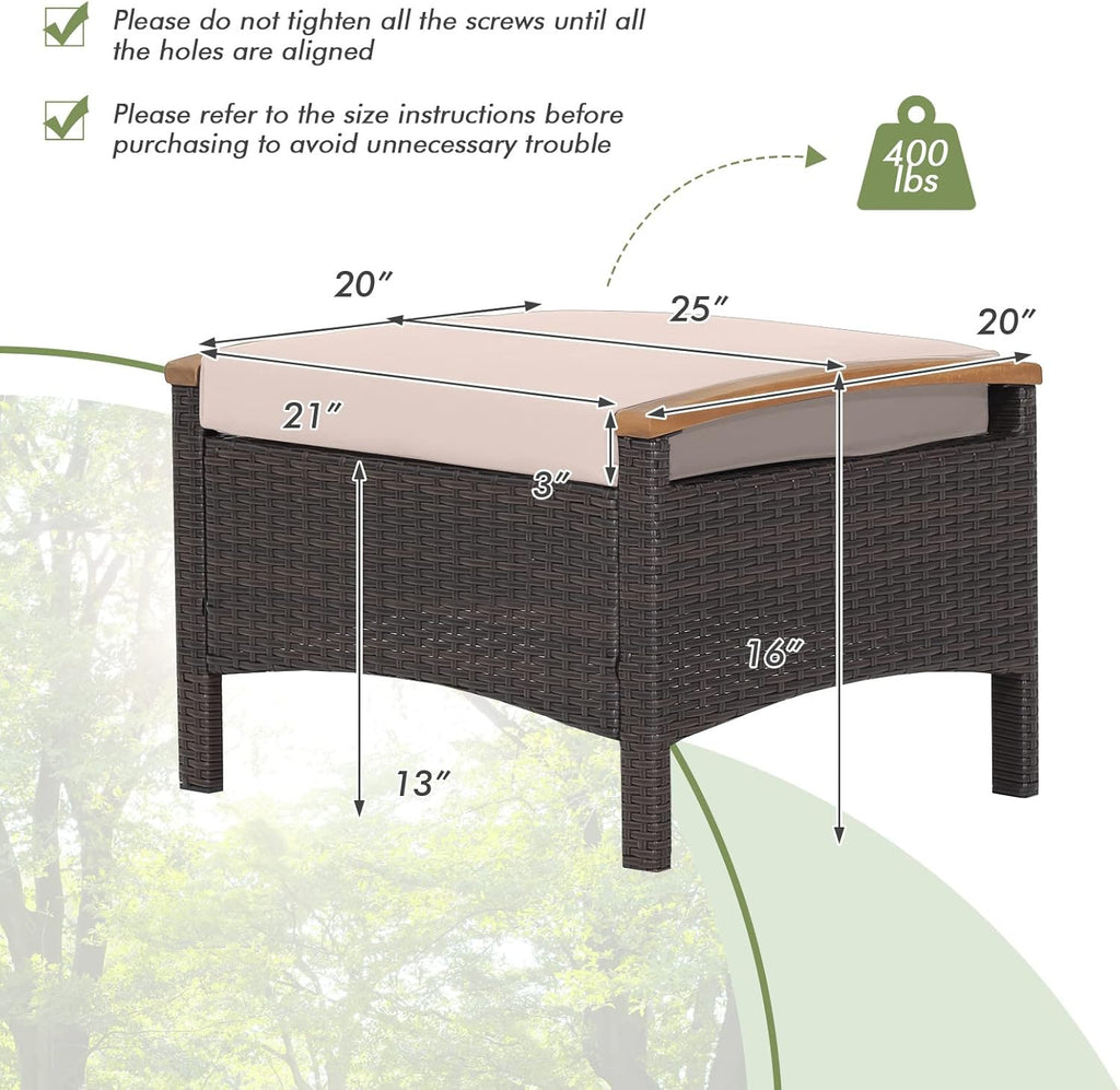 HAPPYGRILL Set of 2 Outdoor Patio Ottoman PE Rattan Wicker Ottomans with Removable Cushions and Solid Acacia Wood Handle Outdoor Footstool Footrest Set Seats and Side Table Set