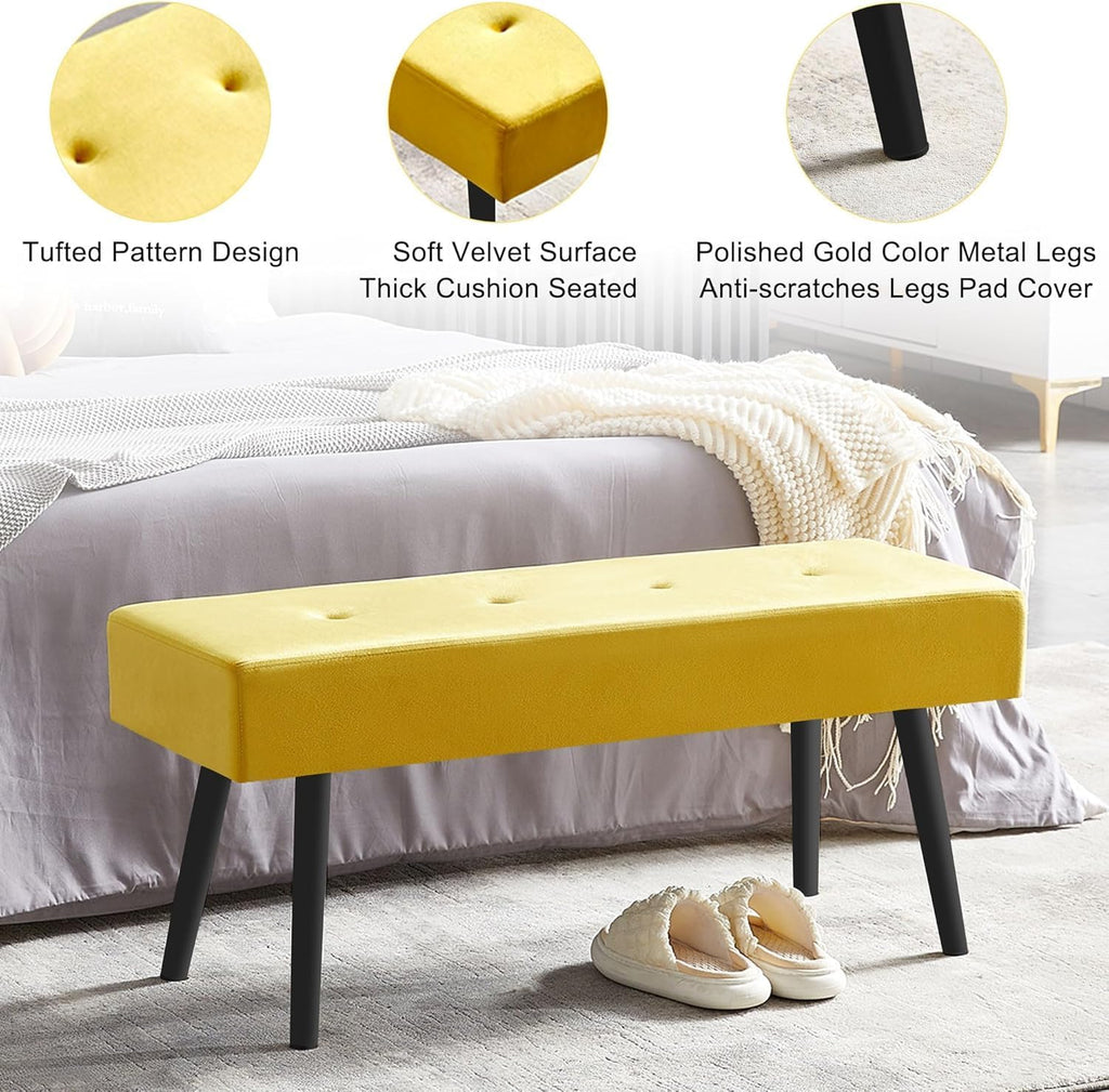 Upholstered Bench for Bedroom End of Bed, 40-inch Entryway Bench for Living Room, Dining Bench with Padded Seat and Metal Legs for Kitchen Bedroom,Indoor and Hallway (Yellow Velvet Bench)